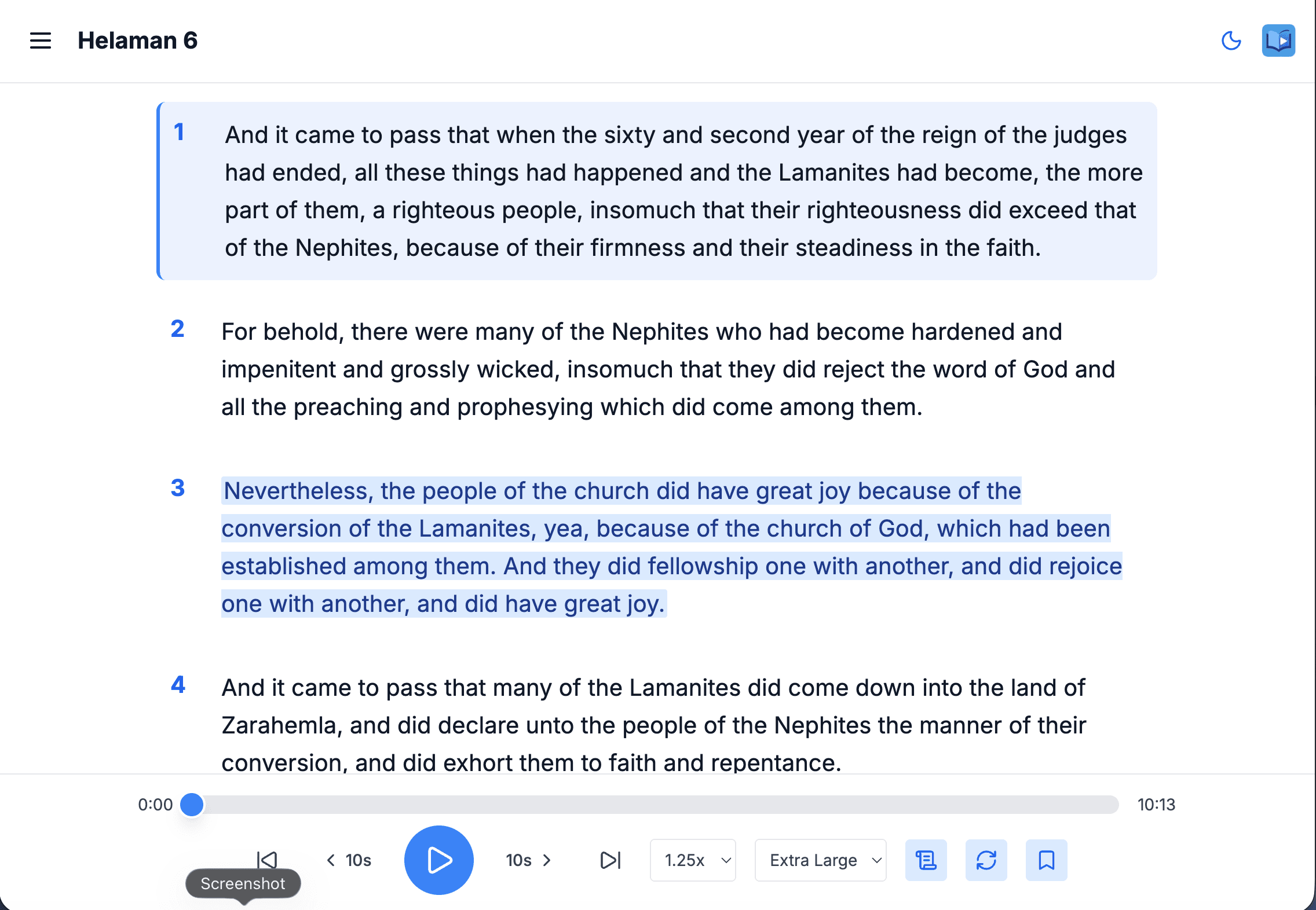 Scripture reading page with verse highlighting